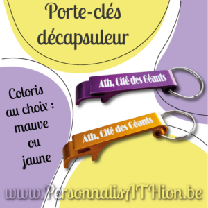 Porte-clés décapsuleur Ath, Cité des Géants en aluminium – coloris mauve ou jaune